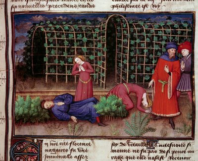 Smrt Dva lidé zabití smrtí. Miniatura z „“Le Decameron““ od Jeana Boccace (Giovanni Boccaccio) (1313-1375) 1450 Paříž, knihovna Arsenalu od Unknown artist