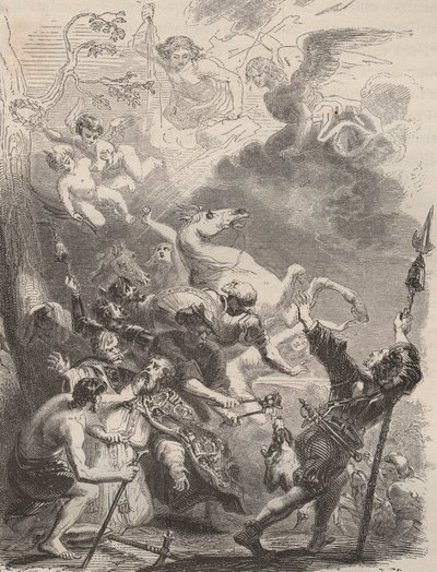 Smrt svatého Lievina Velikého (Livin, nebo Lebwin, nebo Livinus) jako evangelista z Flander, mučednická smrt v roce 657/663. Rytina z roku 1868 v „Histoire de Belgique od primitivních dob do konce vlády Leopolda I.““ od Theodora Justeho (1818-1888). soukro od Unknown artist