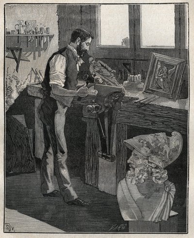 Dekorace stříbra: bronzový sekáč. Rytina z roku 1885 v „“Les arts et metiers illustres““ od Adolphe BITARDA. od Unknown artist