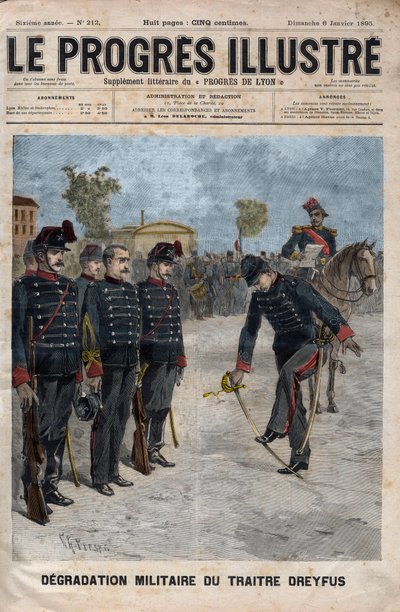 Degradace Alfreda Dreyfuse - Dreyfusův případ: Degradace Alfreda Dreyfuse na nádvoří vojenské školy, Paříž, 5. ledna 1895 - Rytina v „Ilustrativním pokroku“ z roku 1895 - od Unknown artist