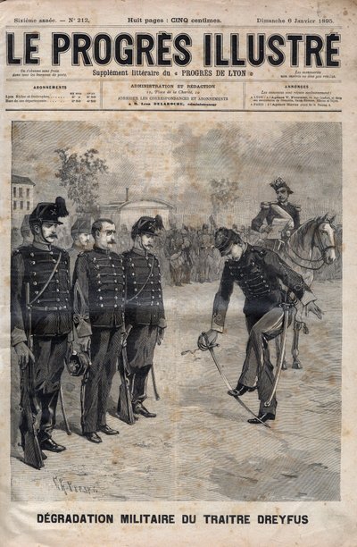 Degradace Alfreda Dreyfuse - Dreyfusův případ: Degradace Alfreda Dreyfuse na nádvoří vojenské školy, Paříž, 5. ledna 1895 - Rytina v „Ilustrativním pokroku“ z roku 1895 - od Unknown artist