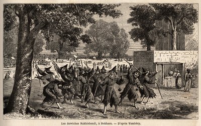 Dervishes Nakhisbendi, perská Bokhara, Írán). Kresba Emila Bayarda (1837-1891) pro ilustraci cesty do Střední Asie v roce 1863 od Arminia Vamberyho (maďarského vědce v přestrojení za derviše). Rytina do „“Le tour du monde““, editoval Edouard C od Unknown artist