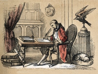 Popis různých produktů a použití papíru: portrét Georgese Louise Leclerca, hraběte z Buffonu, přírodovědce a spisovatele (1707-1788) píšícího svou Přírodopis. Talíř „“ Le papier et ses produits““ v „“ les Recreations instructives““ Synoptique pai od Unknown artist
