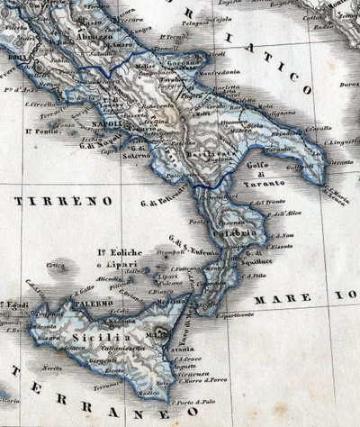 Detail geografické mapy představující jižní Itálii (regiony Kampánie, Kalábrie, Sicílie, Puglia, Molise Abruzzo). 19. století od Unknown artist