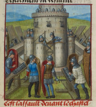 Detail miniatury zobrazující útok na hrad z „Le Roman de la Rose“ od Unknown artist