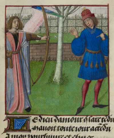 Detail miniatury Amour (Lásky) mířící na milence s lukem a šípy, z „Le Roman de la Rose“ od Unknown artist