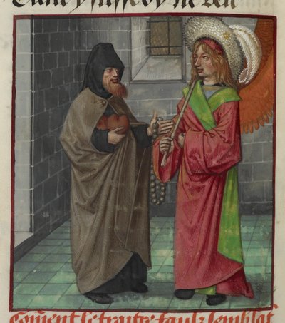 Yksityiskohta pienoiskoosta Faux Semblantista (väärinnäkevä) sydämillä ja Amour (rakkaus) elokuvasta "Le Roman de la Rose" od Unknown artist