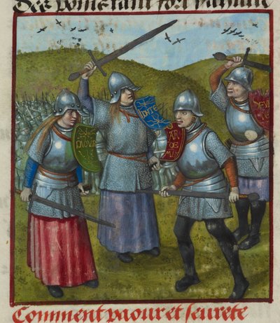 Detail miniatury bojujících Peur, Honte a dalších alegorií. Muži a ženy v brnění, bojující, z 