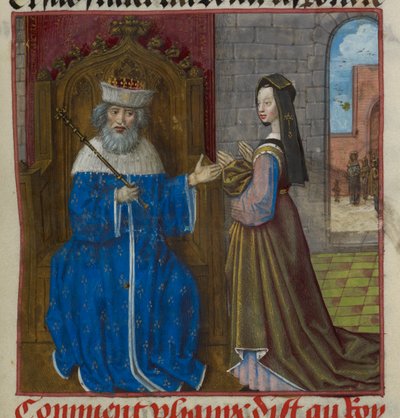 Yksityiskohta pienoiskuvasta, jossa Phanie kertoo ennustuksen isälleen Le Roman de la Rosesta od Unknown artist
