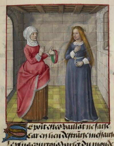 Yksityiskohta pienoiskoosta la Vieillestä (Duenna) ja Bel Accueilista (Fair Welcome), Le Roman de la Rosesta od Unknown artist