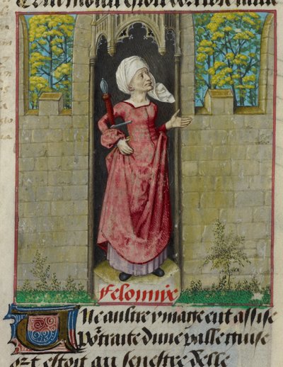 Detail miniatury alegorické postavy Feloniye (zločin), v prvním sloupci folia, z „Le Roman de la Rose“ od Unknown artist