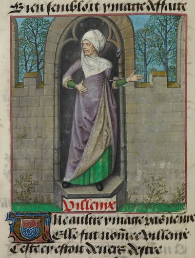 Detail miniatury alegorické postavy Vilenie (Villainy), ve druhém sloupci folia, z „Le Roman de la Rose“ od Unknown artist