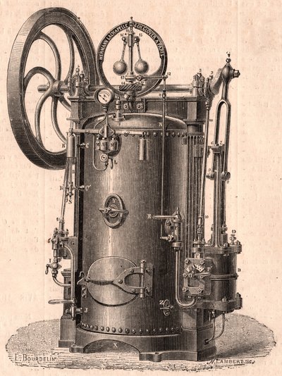 Detailní technický pohled na malý parní stroj vyrobený v Paříži v roce 1866: kotel, válec, píst, ojnice a setrvačník od Unknown