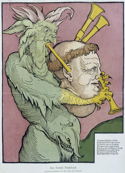 Ďábel hrající na dudy s hlavou mnicha - rytina od Unknown artist