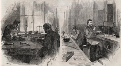 Řezání diamantů v dílně v Nizozemsku: štípačky a leštičky - Gravírování v “” Le Monde Illustré”” od Unknown artist