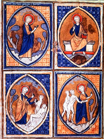Různé fáze stvoření světa zastoupené v mandorlech. Miniatura z rukopisu ze 13. století. Porto, Městská knihovna od Unknown artist