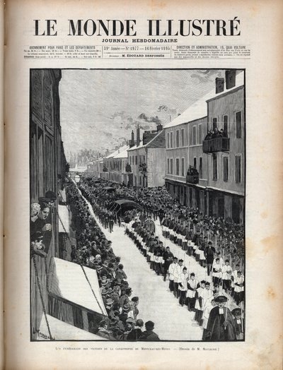 Katastrofa studny Sainte Eugenie – Pohřeb obětí katastrofy v Montceau les Mines (Montceau-les-Mines) v Burgundsku – rytina v „Le monde illustrious““ z roku 1895 od Unknown artist