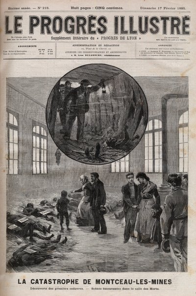 Katastrofa studny Sainte Eugenie nebo katastrofa Montceau les Mines (Montceau-les-Mines) v Burgundsku v roce 1895 - rytina v „Le Progres illustrious““ z roku 1895 od Unknown artist