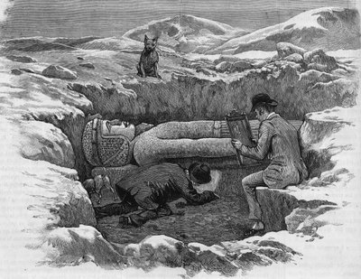Objevil kolosální sochu Rhamses II. Hieroglyfy se počítají pomocí zrcadlového odrazu. Rytina z roku 1886. od Unknown artist