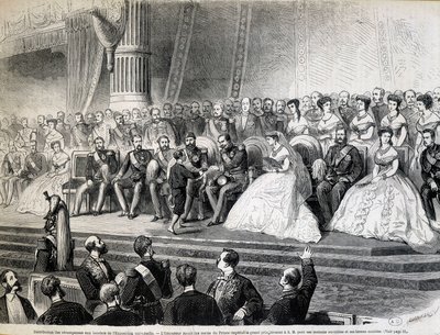 Rozdělení cen laureátům světové výstavy - Císař dostává od svého syna, císařského prince, Grand Prix svých dělnických domů a vzorových farem od Unknown artist