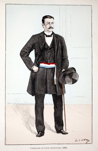 Divizní policejní komisař (1896). Barevný lept, pro ilustraci Kniha „Historie sboru mírových jednotek“““ vydaná pod záštitou Louise Lepinea (1846-1933), prefekta policie na Seině, od Alfreda Reye (1864-?) a Louise Irona od Unknown artist