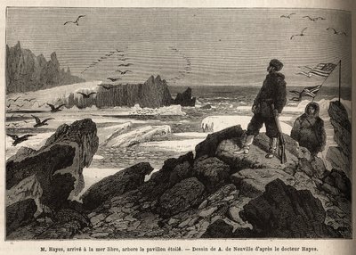 Dr. Hayes připlouvá k volnému moři arktického pólu, cílem jeho výpravy je zasadit prapor americké hvězdy. Rytina znázorňující plavbu do volného moře arktického pólu od doktora Hayese, chirurga námořnictva Spojených států, v letech 1860-1862, od Unknown artist