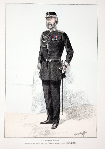 Dr. Roudil, vrchní lékař městské policie (1867-1877). Lept v barvách, pro ilustraci Kniha „Historie sboru mírotvorců“““ vydaná pod záštitou Louise Lepinea (1846-1933), prefekta policie na Seině, od A. od Unknown artist