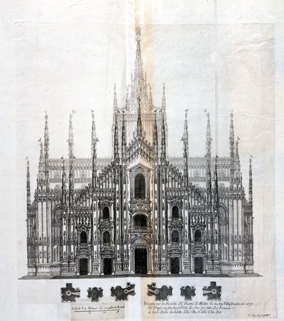Nákres fasády milánského dómu ukazující její jednotnost s tělem budovy. Mnoho architektonických projektů bylo navrženo kolem 17. století k dokončení fasády, která zůstala nedokončená. od Unknown artist