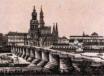 Drážďany, Německo: pohled na Augustův most v Drážďanech. v „“ Svět ilustruje 168 pohledů““ Nedatováno (konec 19. století) od Unknown artist