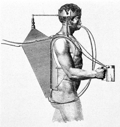 Driebergův projekt scaphandre z roku 1802, známý jako triton. Vzduch přichází muži přímo do úst. od Unknown artist