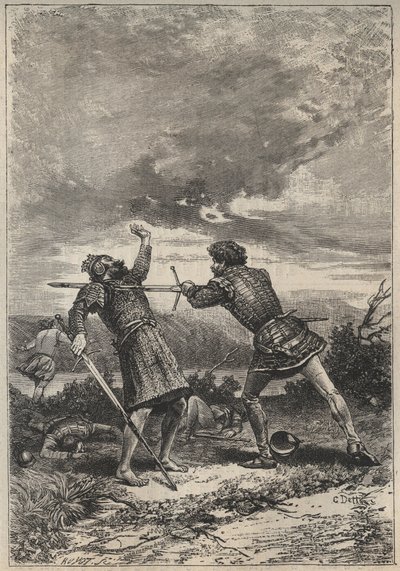 Duel and death of Oak Torquil - ilustrace z 19. století k historickému románu „The Pretty Girl of Perth or Valentine