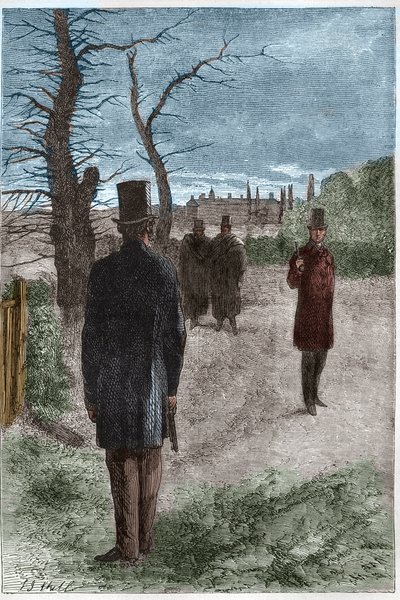Duel mezi Georgem Williamem Finchem-Hattonem (Finch Hatton), hrabětem z Winchilsea (1791-1858) a Arthurem Wellesleym, vévodou z Wellingtonu (1769-1852) v Battersea Fields, dne 21. března 1829 od Unknown artist