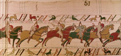 Vévoda William nabádá své jednotky, aby se moudře připravily jako muži na bitvu proti anglické armádě, Bayeux Tapestry (vlněná výšivka na plátně) od Unknown artist