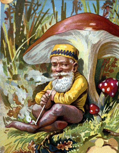 Trpaslík nebo farfadet kouří dýmku. Chromolitografie 19. století. od Unknown artist