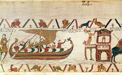 Earl Harold se vrací do Anglie, Bayeux Tapestry (vlněná výšivka na plátně) od Unknown artist