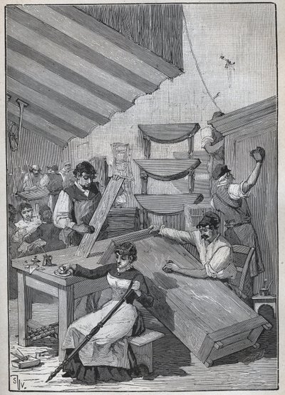 Ebenisterie: dílna razítkového lakování. Rytina z roku 1885 v „“Les arts et metiers illustres““ od Adolphe BITARDA. od Unknown artist
