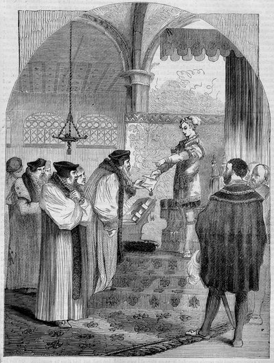 Edward VI (1547-1553), anglický král, předávání certifikátu Joan Bocher pro arcibiskupa Cranmera od Unknown artist