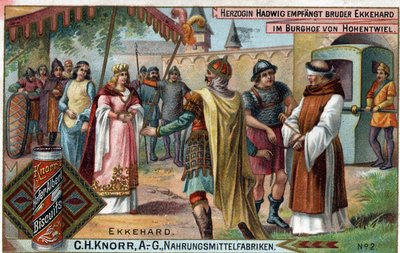 Ekkehard IV ze St. Gallen (St. Gallen) nebo Eckhard, Eckhart (980 -1057) erudovaný a latinský básník. Vévodkyně Hadwig přijímá bratra Ekkeharda na nádvoří hradu Hohentwiel. Verso: „“ Bratr Ekkehard, kterého vévodkyně pověřila do svého hradu jako od Unknown artist