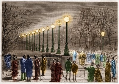 Elektrické osvětlení: stojací lampy z Victoria quay v Londýně, Velká Británie. Gravírování do ""La Nature"" od Unknown artist