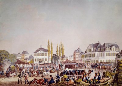 Císař Napoleon I. (1769-1821) hodnotí vojska ve Frankfurtu. Rytina z roku 1813. Frankfurt, Historické muzeum od Unknown artist