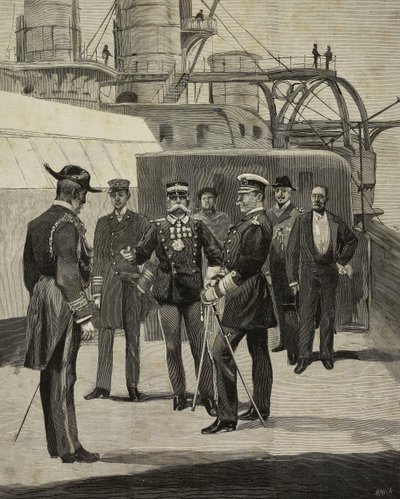 Německý císař Vilém II. (1859-1941) na návštěvě bitevní lodi Sicilia, Benátky, Itálie, kresba E. X. z L