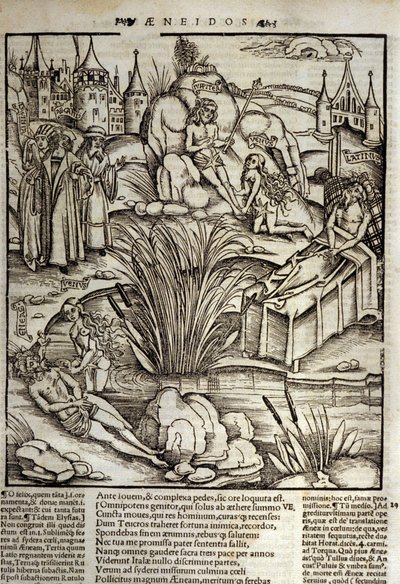 Eneide de Virgil (70 př. n. l. – 19 př. n. l.), kniha XII, trojští hrdinové Enee je zázračně ošetřen Venuší, poté se rozhodl zaútočit na město Latinus. Král Lazia umírá (vpravo) a je to Enee, kdo se stane králem, který nechá dřet dceru zesnulého Laviniho od Unknown artist