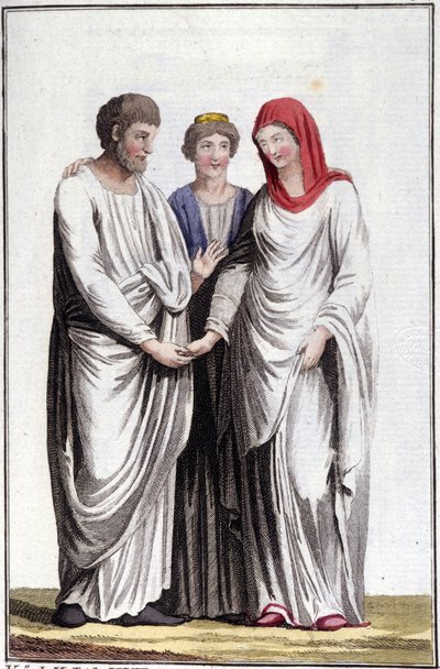 Zasnoubení nebo slib manželství: dextrarum iunctio neboli spojení rovných rukou. Rytina 19. století. od Unknown artist