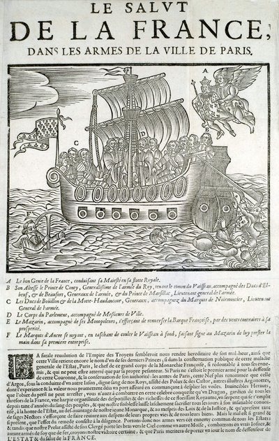 Gravírované dřevo. Politická brožura Mazarinade: „“Spása Francie, v náručí města Paříže““ A – Dobrý génius Francie, pohlcující jeho majestát (Ludvík XIII.) ve své královské flotile, B – princ de Conty, C – vévoda de Bouillon et de la Motte-Hauda od Unknown artist