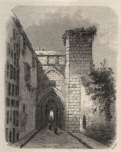 Vchod do Arabského Medrese (vyšší škola) v Jeruzalémě, kde byla pohřbena Mesha stéla chrámu – rytina v „The Illustrious World““ z ledna 1873 od Unknown artist
