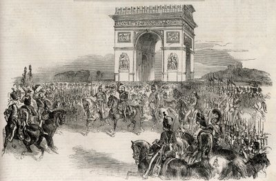 Vstup Napoleona III do Paříže přes Vítězný oblouk 2. prosince 1852, rytina - Francouzský císař Napoleon III (1808-1873) vjíždí do Paříže 2.12.1852 - od Unknown artist