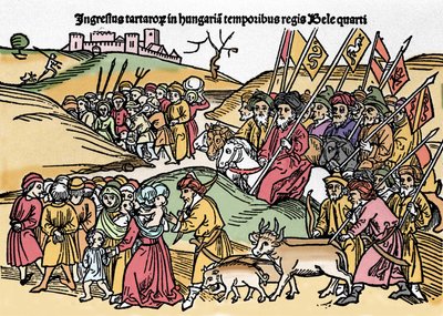 Vstup Tatarů do Uher za vlády Bély IV. (1235-1270) Maďarska. Rytina z „Chronica Hungariae““. Biblioteca Marciana, Benátky. od Unknown artist