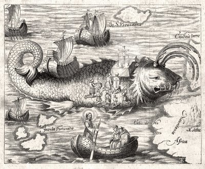 Episode of the Legend of Saint Brandan (Brendan): fantastická cesta irského opata ze 6. století za hledáním pozemského ráje. Tisk z roku 1621. od Unknown artist