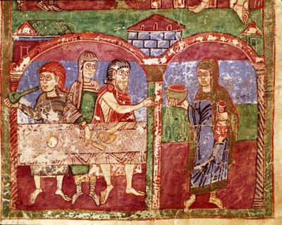Epizoda ze života Sainte Radegonde (Radegundis) de Poitiers (519-587), manželky Clotaire I., krále Franků: Radegonde během své charitativní činnosti slouží u stolu chudých. Miniatura z rukopisu z 11. století. Městská knihovna v Poitiers od Unknown artist