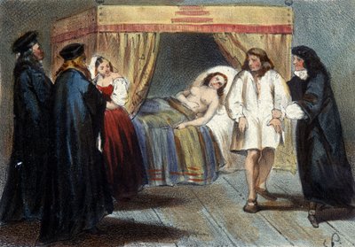 Epizoda zkoušky mužnosti Vincenta I. Gonzaguea (1562 - 1612), vévody z Mantovy, za jeho sňatek s dcerou Françoise de Medici Eléonore v roce 1584. Byl podezřelý, že nemá žádné dědice. Litografie 19. století. od Unknown artist